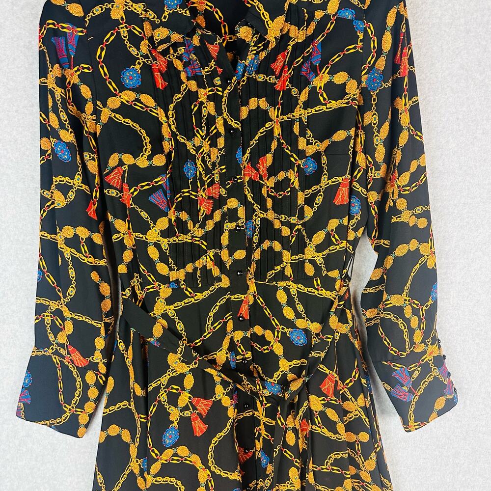 Nanette Lepore Womans Sz 14 Dress Black Pleated Chain Long Sleeve Button Front - Picture 11 of 12